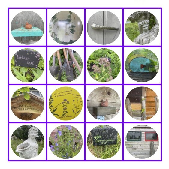 Acker-Bingo mit Naturmotiven zum Entdecken beim Offenen Garten der Ackerperlen in Hamburg.